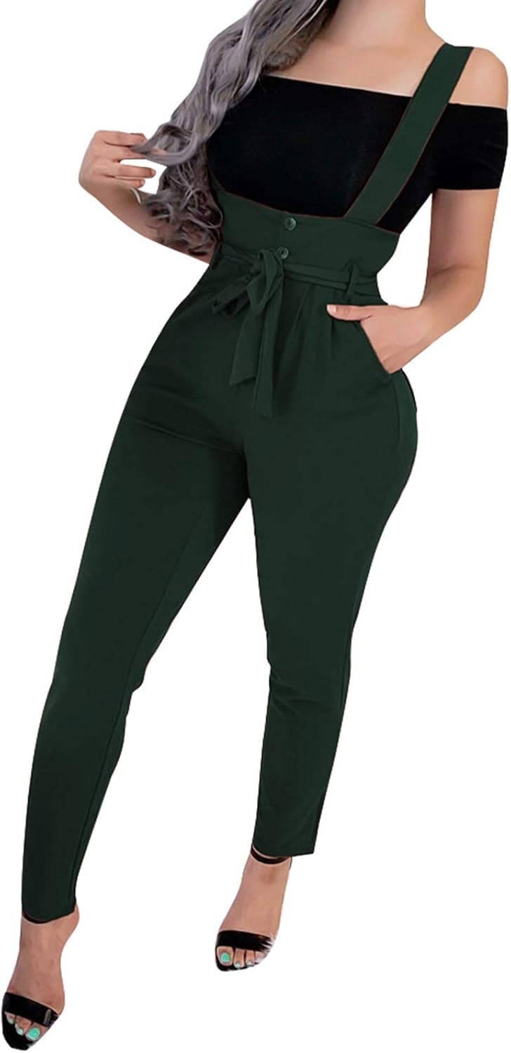 Overalls Pants for Womens Button Closure High Waist Straight Leg Jumpsuits Suspender Trousers