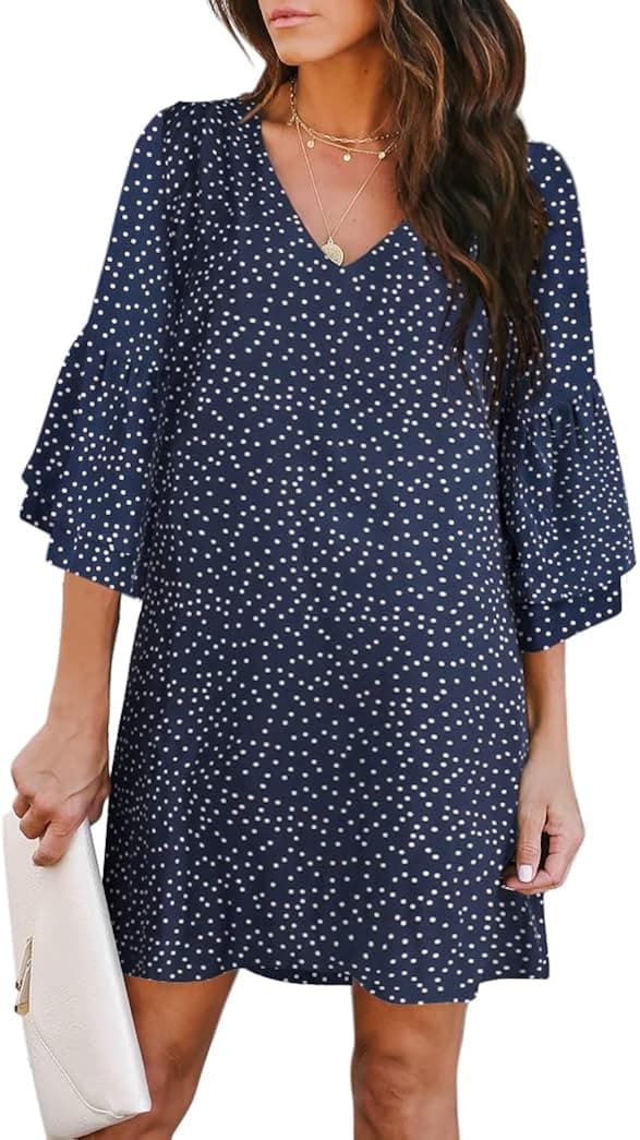 BELONGSCI Women's 2023 Summer Dress Sweet & Cute V-Neck Bell Sleeve Shift Dress Mini Dress, Perfect for Wedding or Graduation