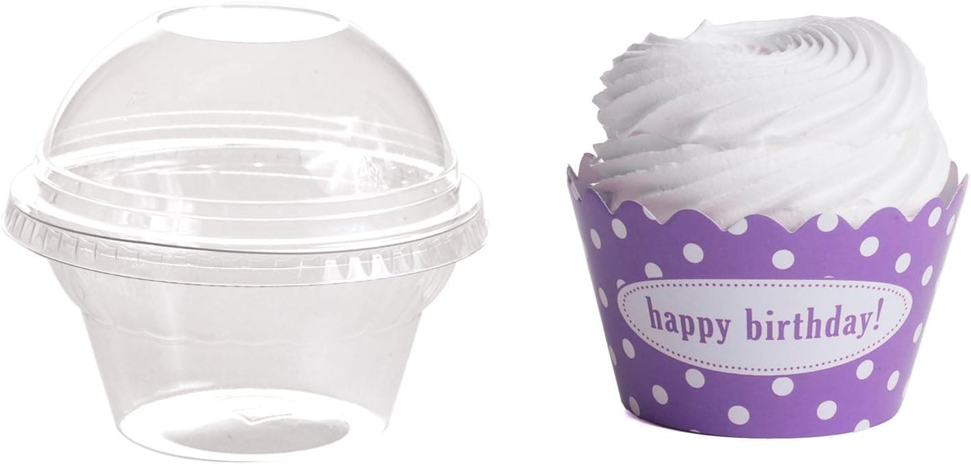 Dress My Cupcake Personalized Favor Dome Containers with Wrappers DIY Kit, Polka Dot, Happy Birthday, Lavender, Set of 25