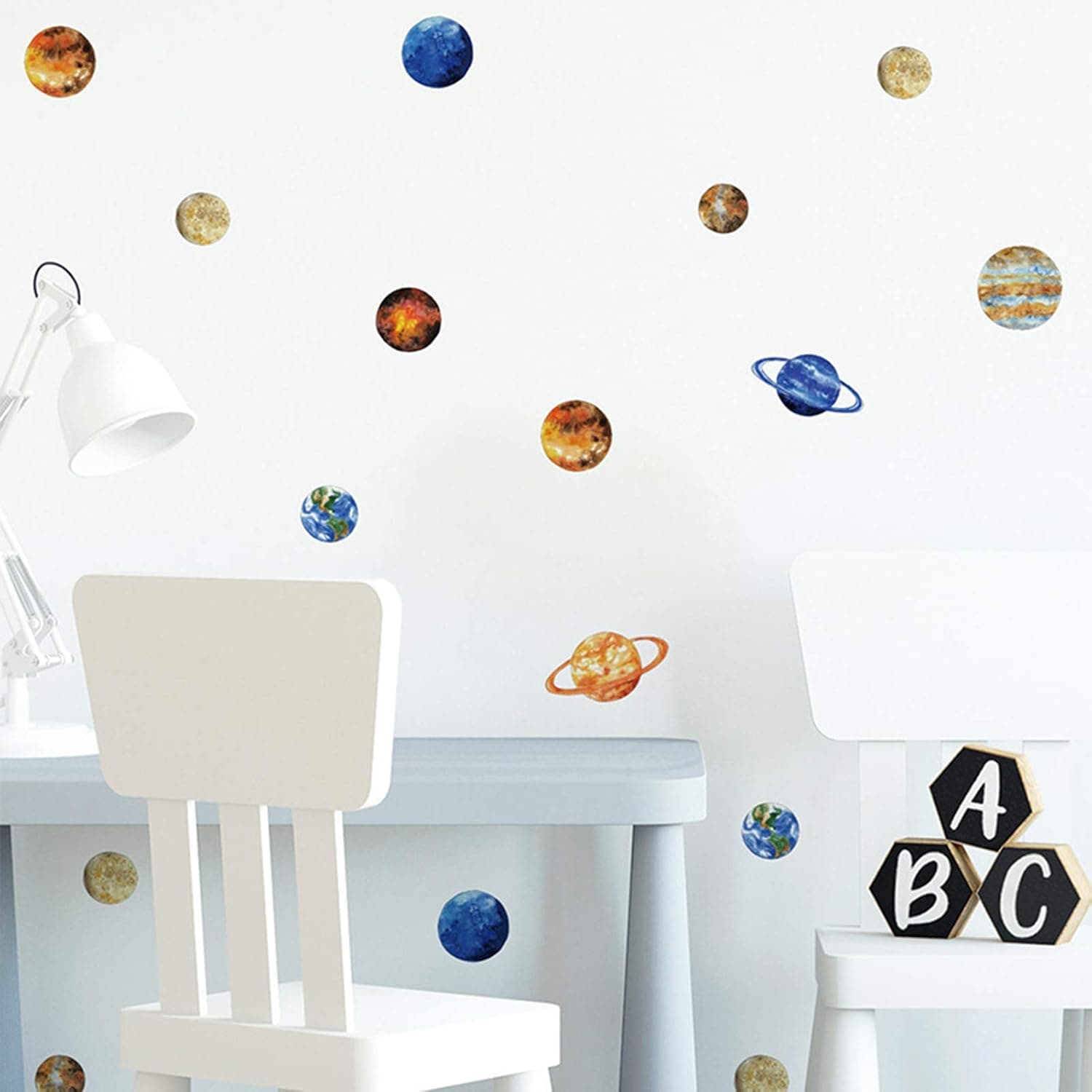Space Planets Wall Decals Watercolor Solar System Wall Stickers Art Murals, Colorful Multi Planets Wall Posters Peel and Stick Wallpaper for Boys Bedroom Nursery Living Room