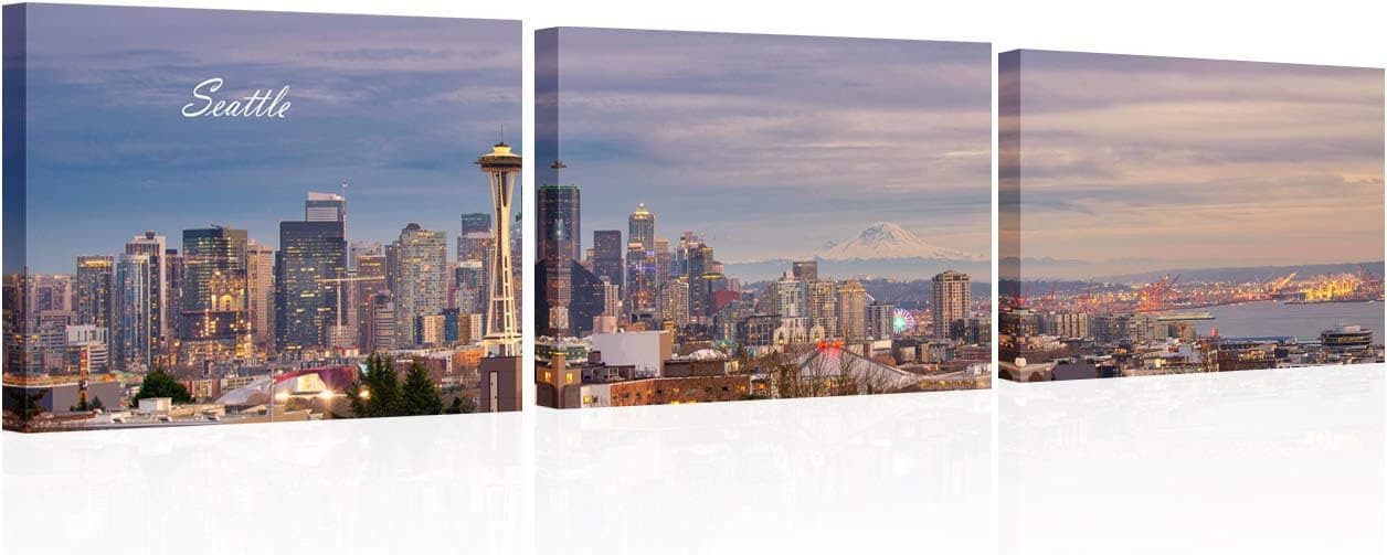Seattle Washington Skyline Wall Art Downtown Building and Space Needle Panoramic Cityscape Picture Wall Decoration for Bedroom, Office, Living Room, Bathroom Framed and Ready to Hang 14x20 inch x3