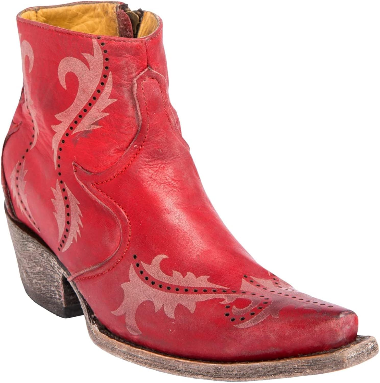 CORRAL Women's G1379-LD Western Handcrafted Floral Printed Snip Toe 5.5" Red Laser Ankle Boot
