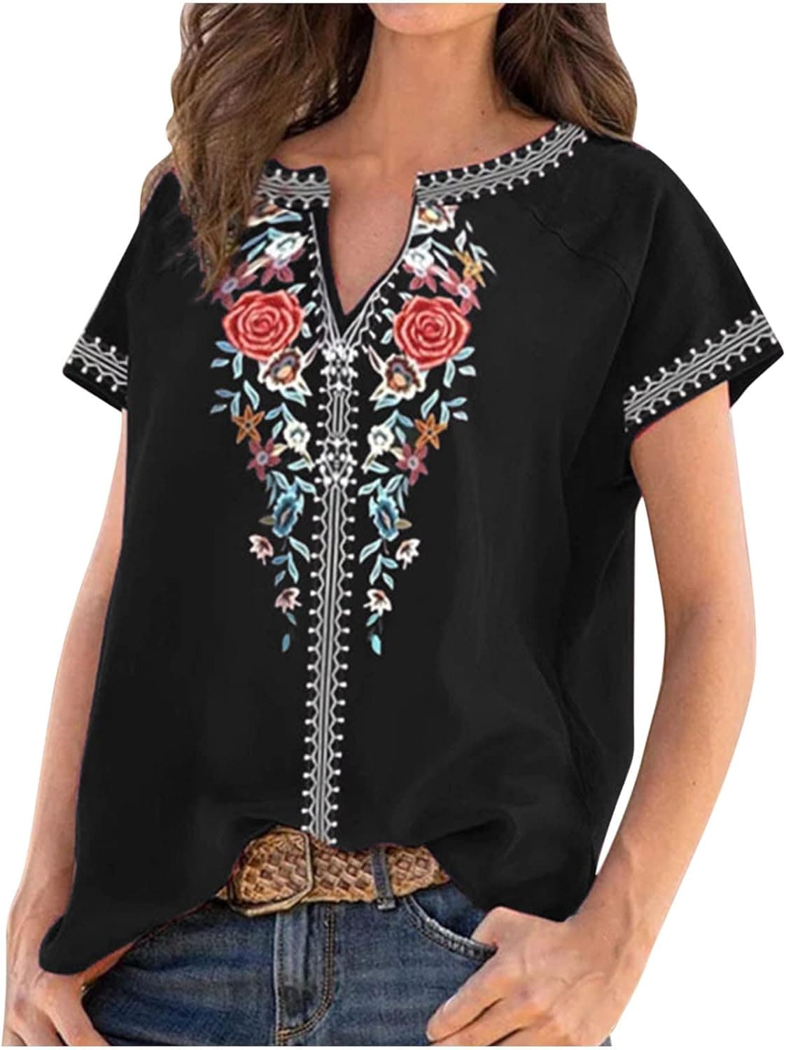 Womens Tops Summer Casual V Neck Ethnic Flower Print Short Sleeve Shirts Elegant Temperament Loose T-Shirt Blouses