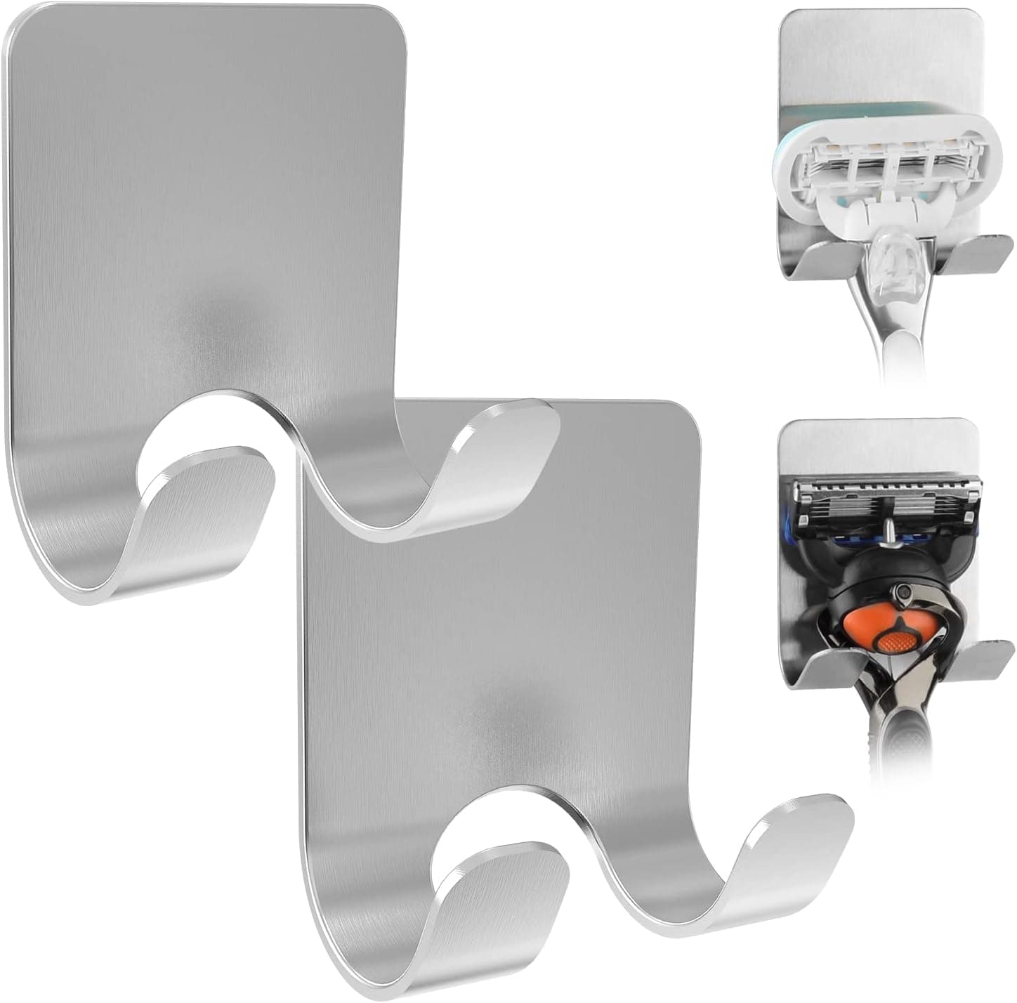 Linkidea 2 Packs Wall Mount Razor Holder for Shower, Self Adhesive Shaver Hooks, Stainless Steel Sticky Hanger Compatible with Venus Platinum, Fusion 5 Proshield, Mach 3 Classic (Silver)