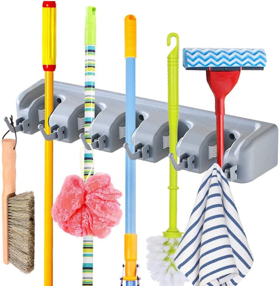 LUVODI Mop and Broom Holder Multifunctional Wall Mounted Organizer Storage Rack 5 Positions with 6 Hooks Rake Towel Hanger Holds Up to 11 Tools for Garden Kitchen Laundry Offices Garage