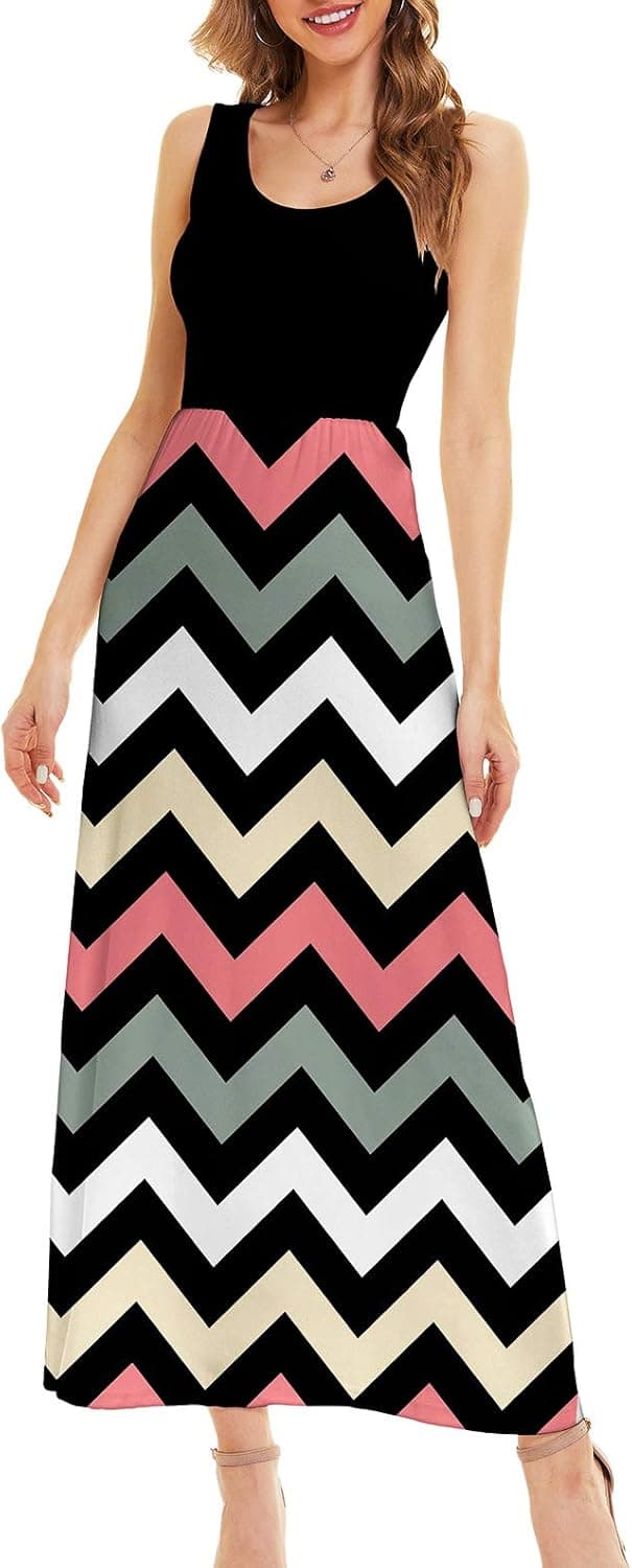 LIYOHON Women's Summer Maxi Dress Boho Loose Striped Floral Printed Casual Sleeveless Party Tank Long Dresses