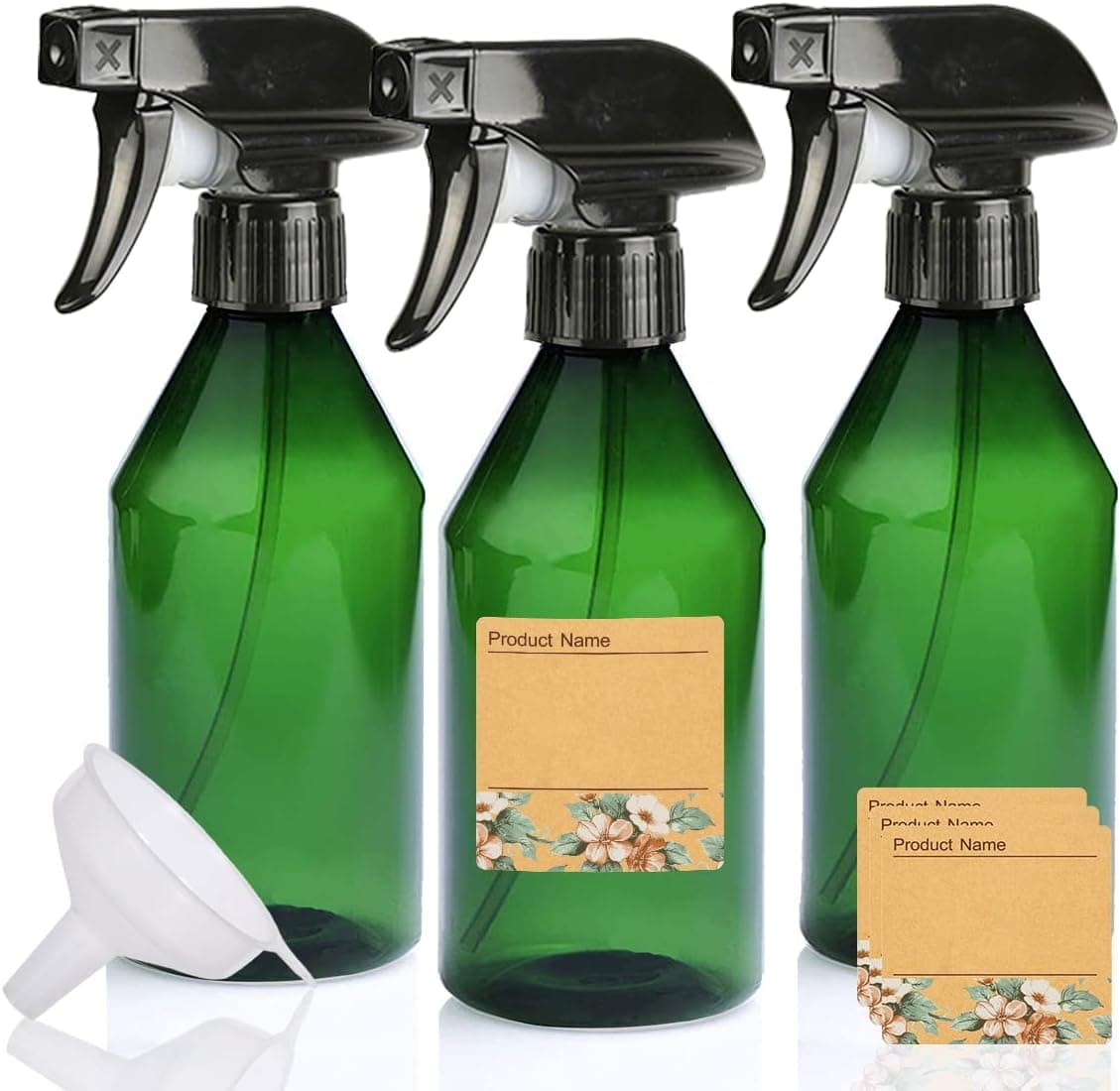 Delove Plastic Spray Bottle and Funnel Set - Plant Misting Spray Bottle - Great for Hair Styling,Plants,Pet,Cleaning Solutions - Fine Mist and Stream Mode - Label -12 oz (3 PACK, Green)