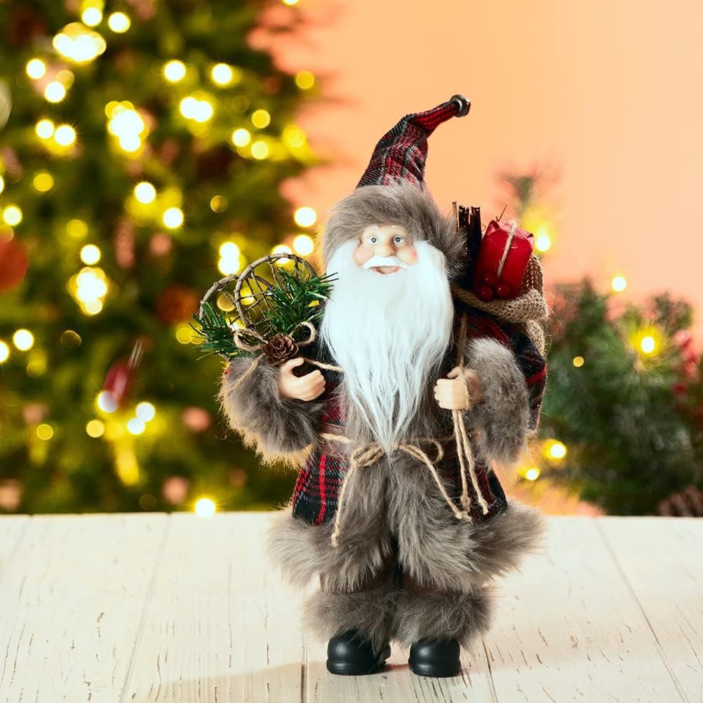 glitzhome Handmade Plaid Santa Claus Figure Christmas Decoration Ornaments Holiday Decor 12-inch