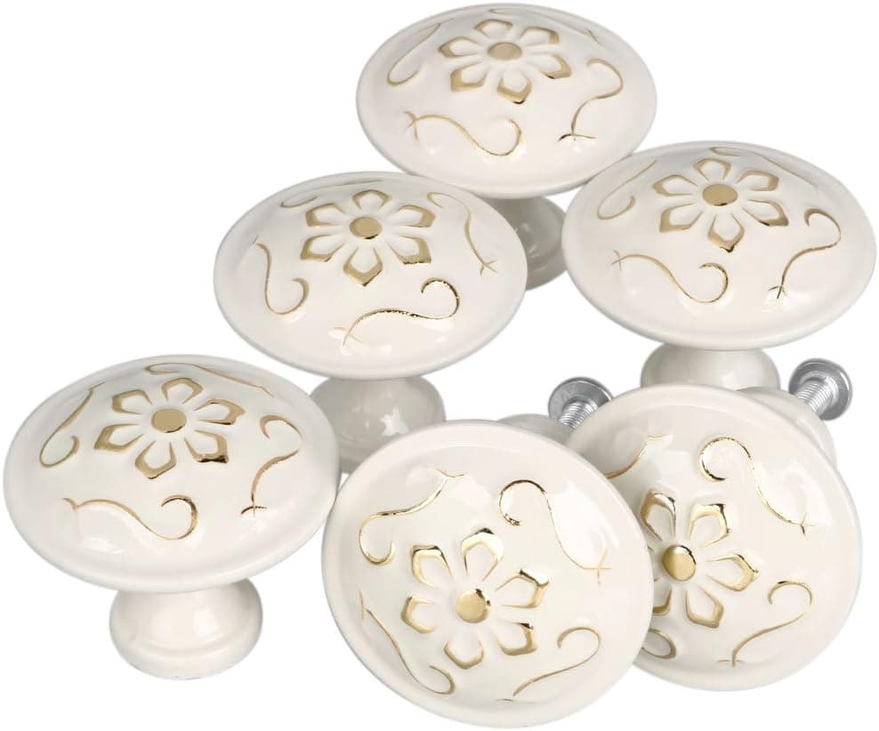 uxcell Set of 6 Modern Simple Style Metal Mushroom Furniture Door Cabinet Hardware Wardrobe Drawer Pulls Handles Round Knobs #19 White with Gold Flowers