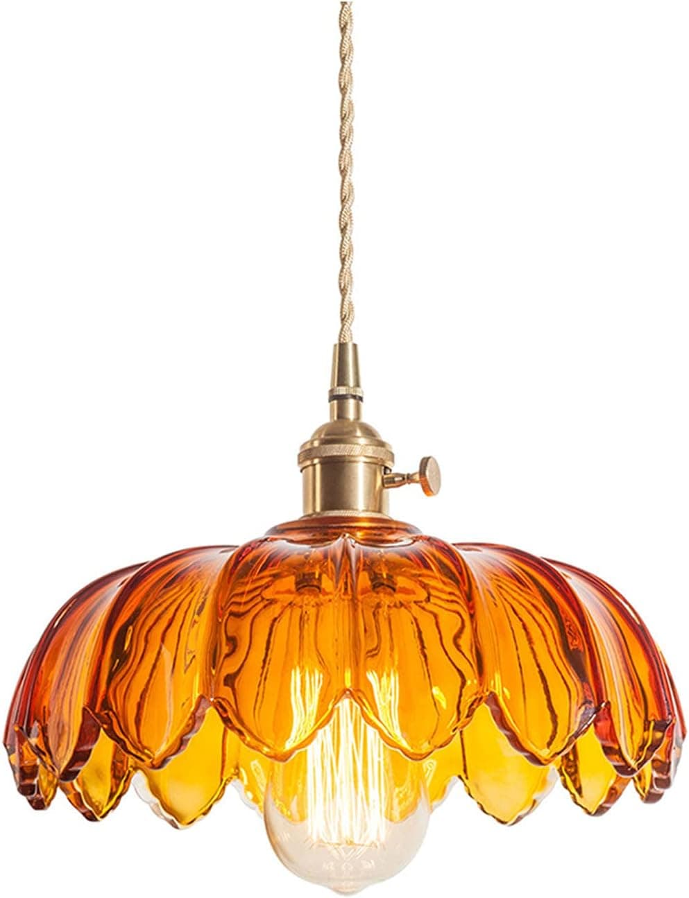 Debbte Industrial Vintage Pendant Lighting Fixture Glass Lotus Lamp Shade Farmhouse Pendant Light Chandelier E27 Brass Finish Ceiling Hanging Lamp (Orange)