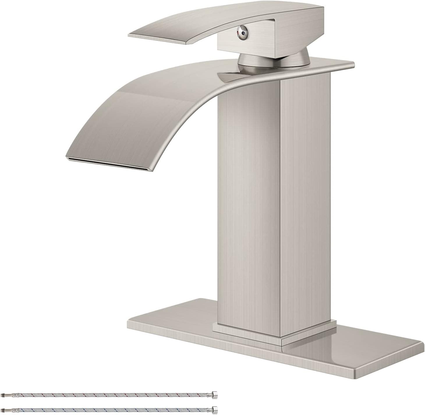 Airuida Waterfall Bathroom Faucet Brushed Nickel Single Handle Single Hole Bathroom Sink Faucet 1 or 3 Hole Basin Mixer Tap, Rv Lavatory Vanity Faucet with Deck Plate and Supply Lines
