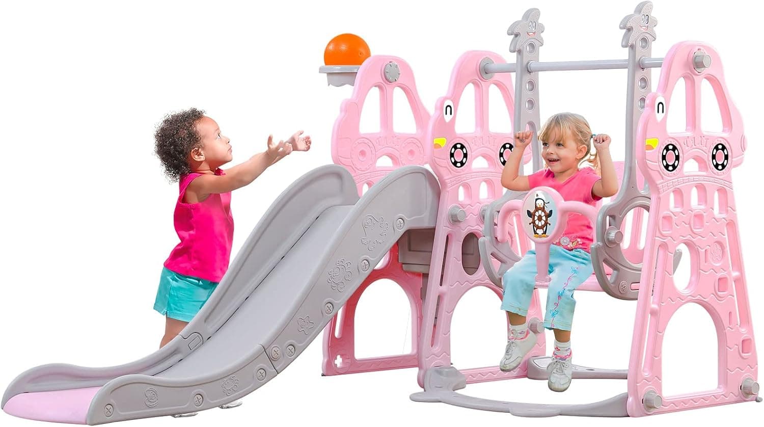 Toddler Slide and Swing Set 4 in 1 Toddler Playground with Swing Slide Climber and Basketball Baby Slide for Boys and Girls Backyard Playsets for Kids Indoor and Outdoor