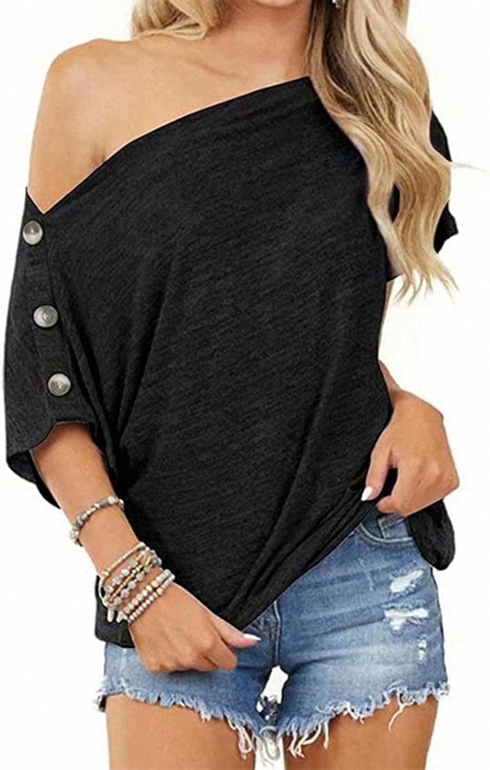 Women's Off Shoulder T Shirt Button Decoration Batwing Sleeve Tunics Blouse Casual Loose Tops