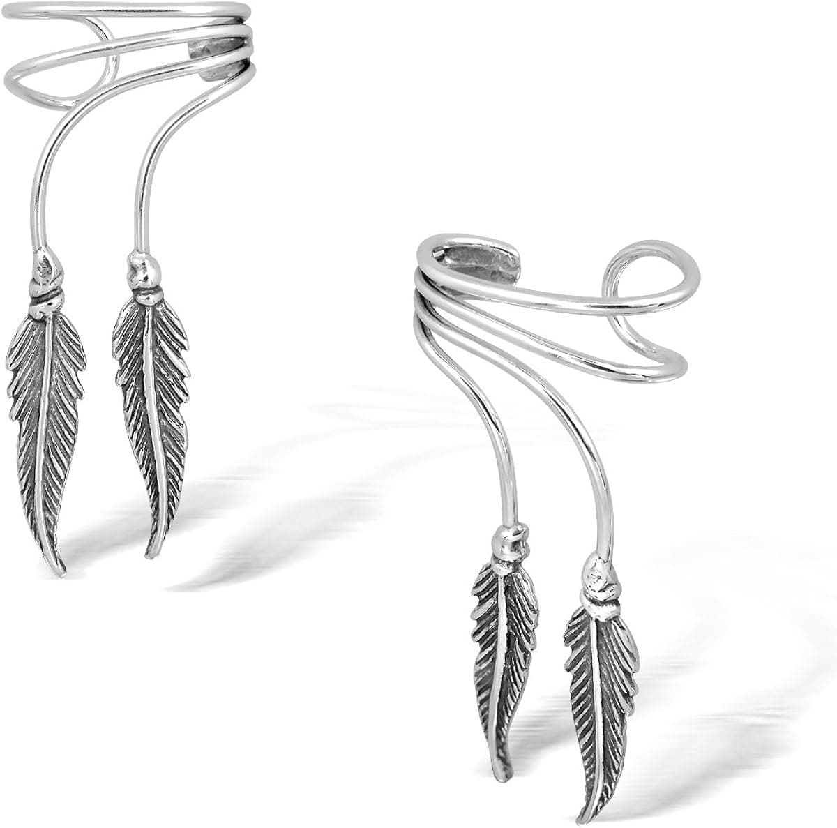 WithLoveSilver 925 Sterling Silver Wire Ear Cuff with Angel Wings Feathers Earrings