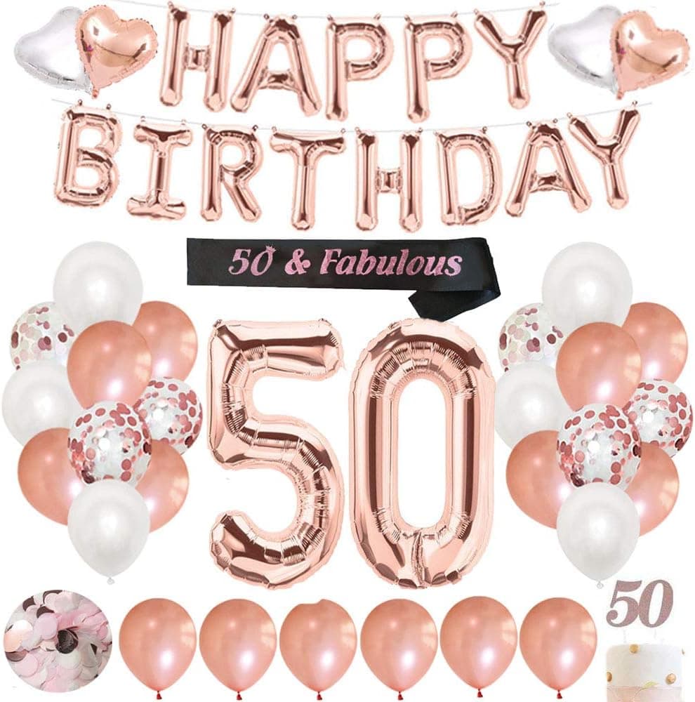 Finypa 50th Birthday Decorations for Women - 50th Happy Birthday Decoration Gold Rose with Sash, Number 50 Foil Balloon, Happy Birthday Banner, Happy 50th Birthday Cake Topper
