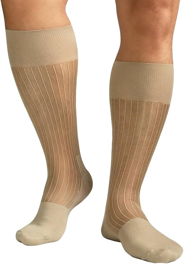 Mr.babuu 5Pairs Pack Men's Fashion Mid Calf Striped Nylon Sheer Silk Dress Socks