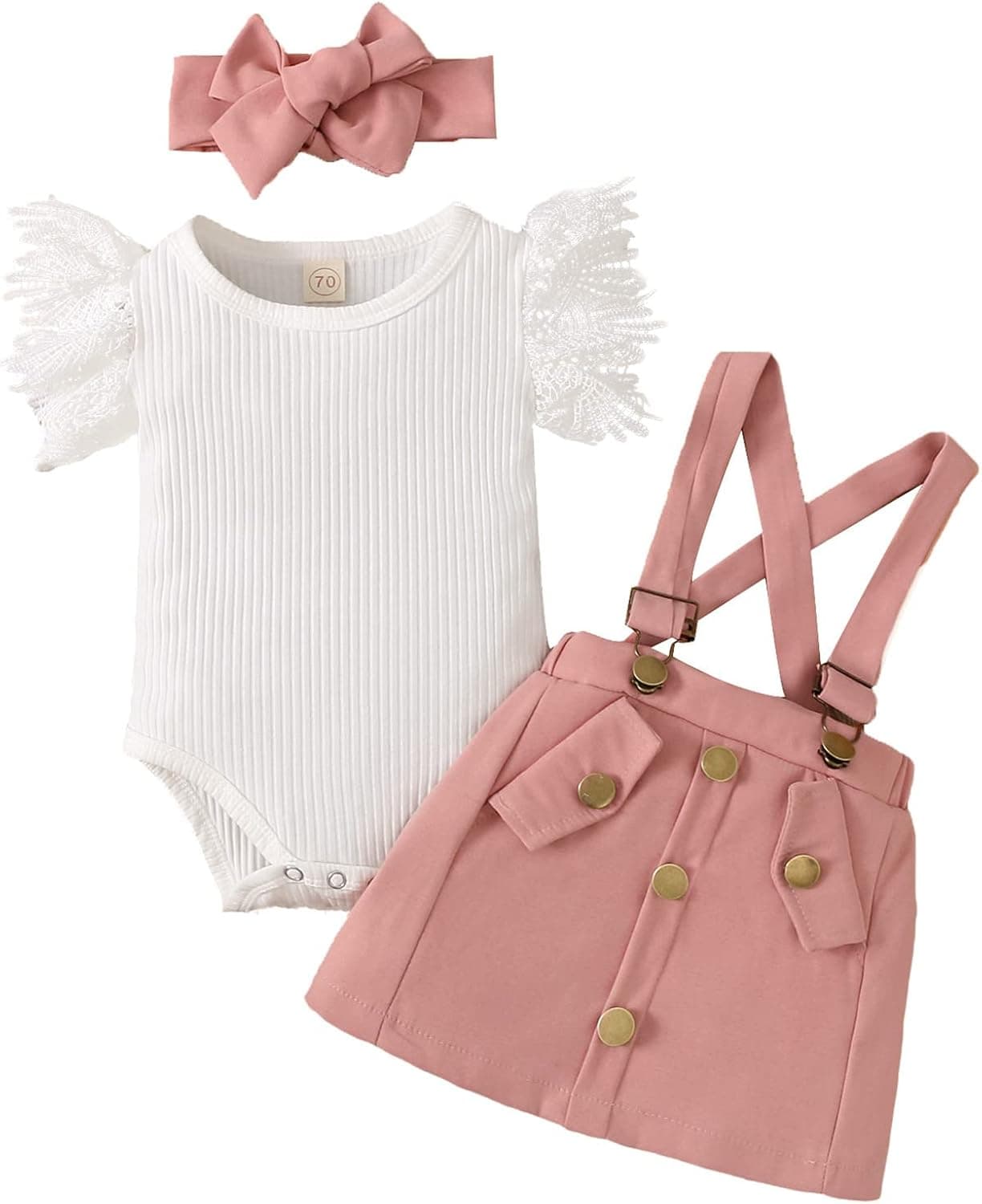 Baby Girl Clothes Outftts Ruffle Short Sleeve Ribbed Romper+Suspender Skirt + Headband Summer Clothing Set