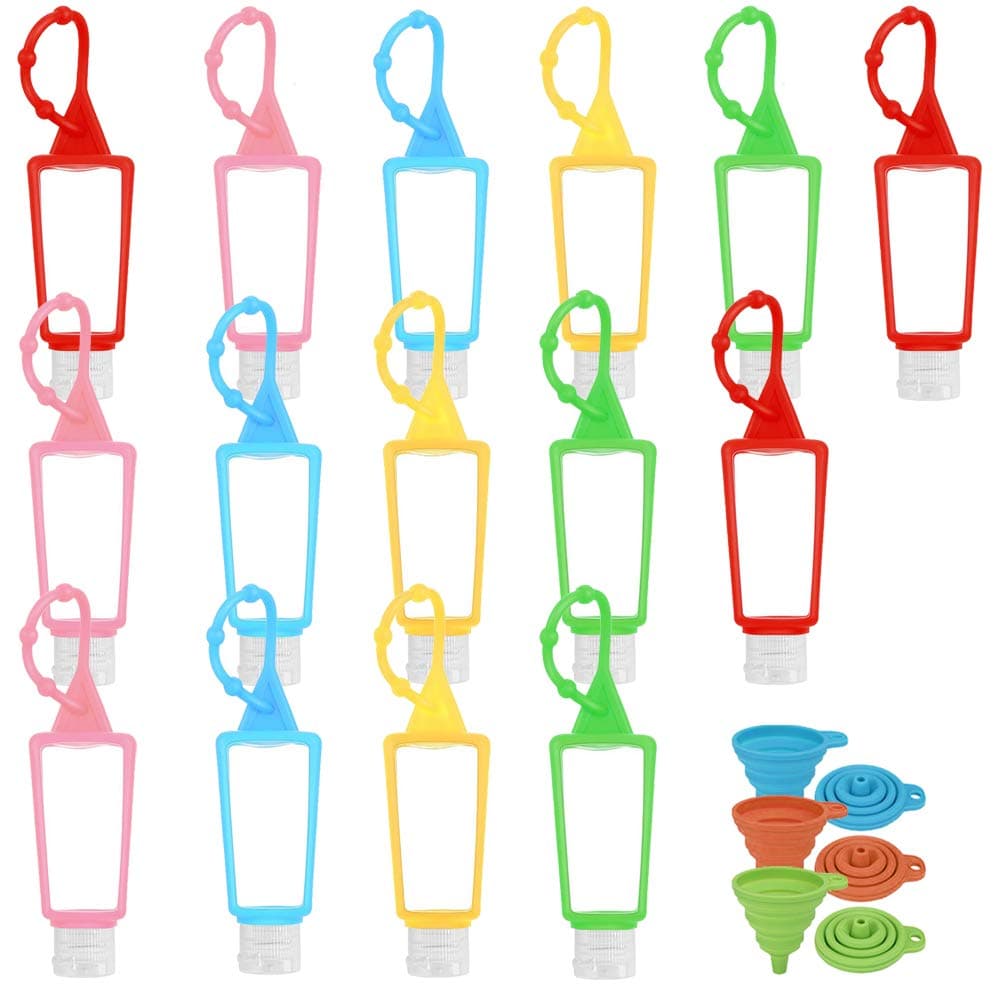 15 PCS Travel Plastic Clear Keychain Bottles with Silicone Sleeve Keychain Holder Leak-proof Refillable Empty Bottles Portable Travel Containers Flip Cap Bottles(30ml/1oz)