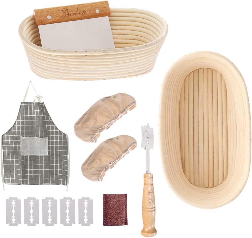 She Love Bread Proofing Basket, 10 Inch Oval Banneton Natural Rattan Proofing Basket for Sourdough Bread Baking with Cloth Liner Bread Cutter Dough Scraper (10")
