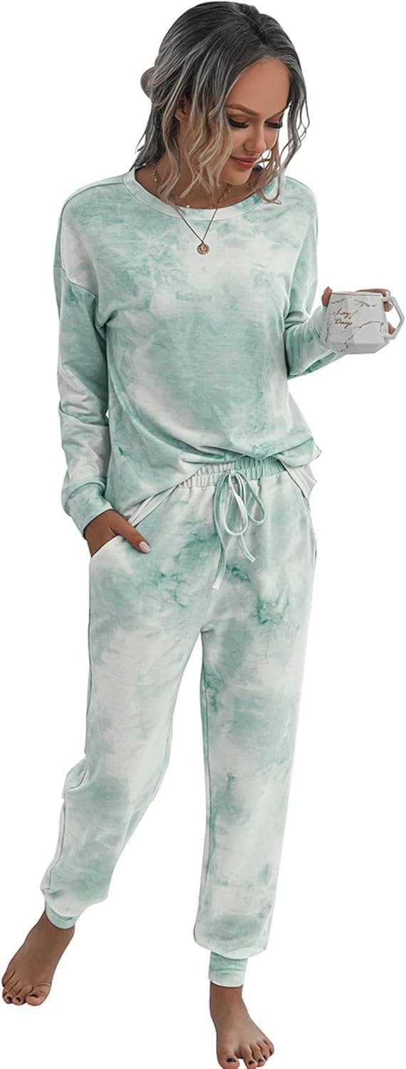 YYW Women's Tie Dye Loungewear Long Sleeve Tops and Pants Sleepwear Two Piece Pajamas Set with Pockets