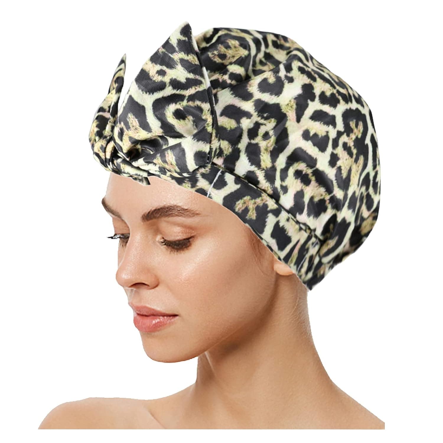 F.P.L Luxury Shower Cap for Women Waterproof Reusable Adjustable Bowknot Kitsch Shower Hair Cap Multi-functional Bath Cap for Long Hair (Leopard)