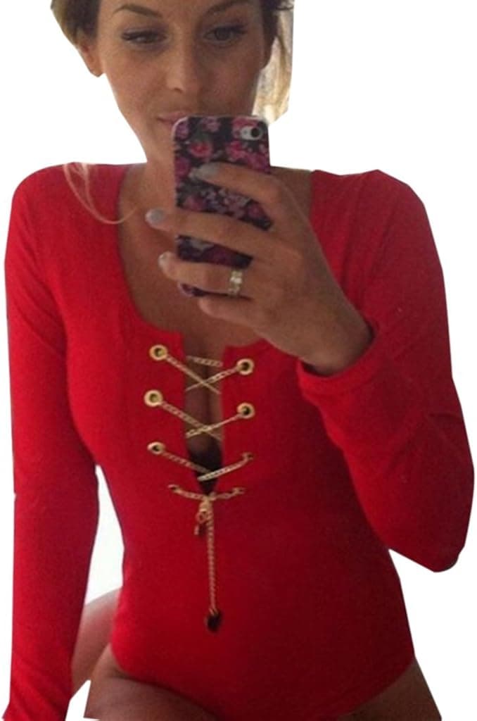 Blooming Jelly Women's Long Sleeve Deep V Lace up Short Bodysuit Playsuits