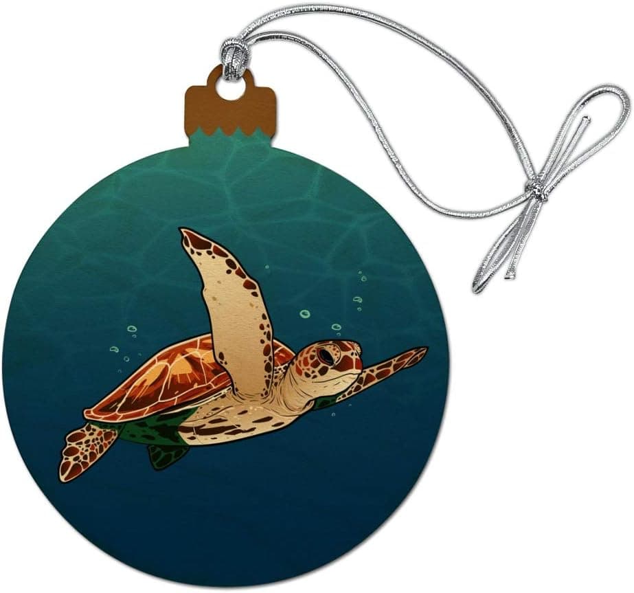 Sea Turtle Swimming in Ocean Wood Christmas Tree Holiday Ornament
