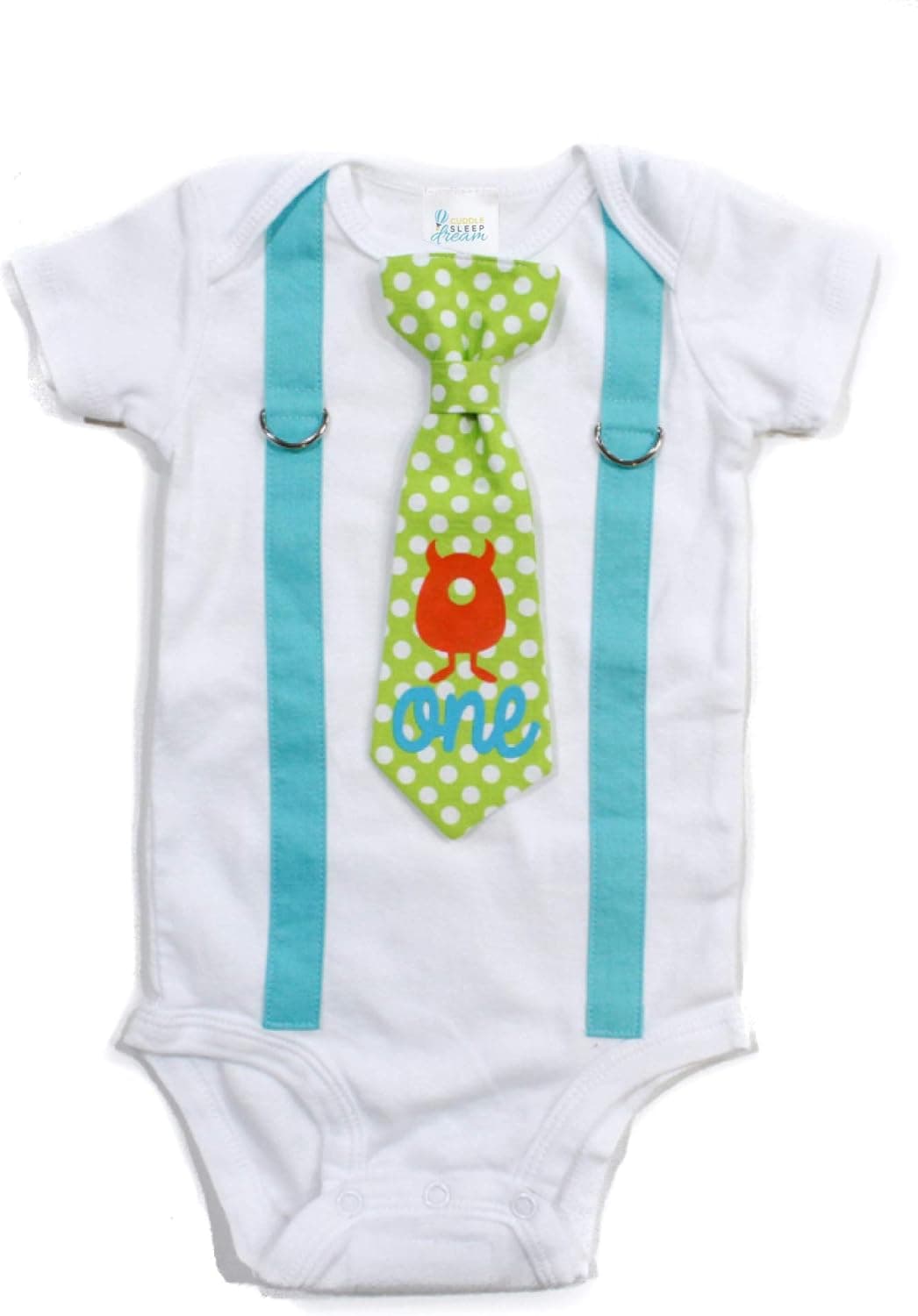 Cuddle Sleep Dream Baby Boy 1st Birthday Outfit Cake Smash Bodysuit with Tie and Suspenders Birthday Shirt
