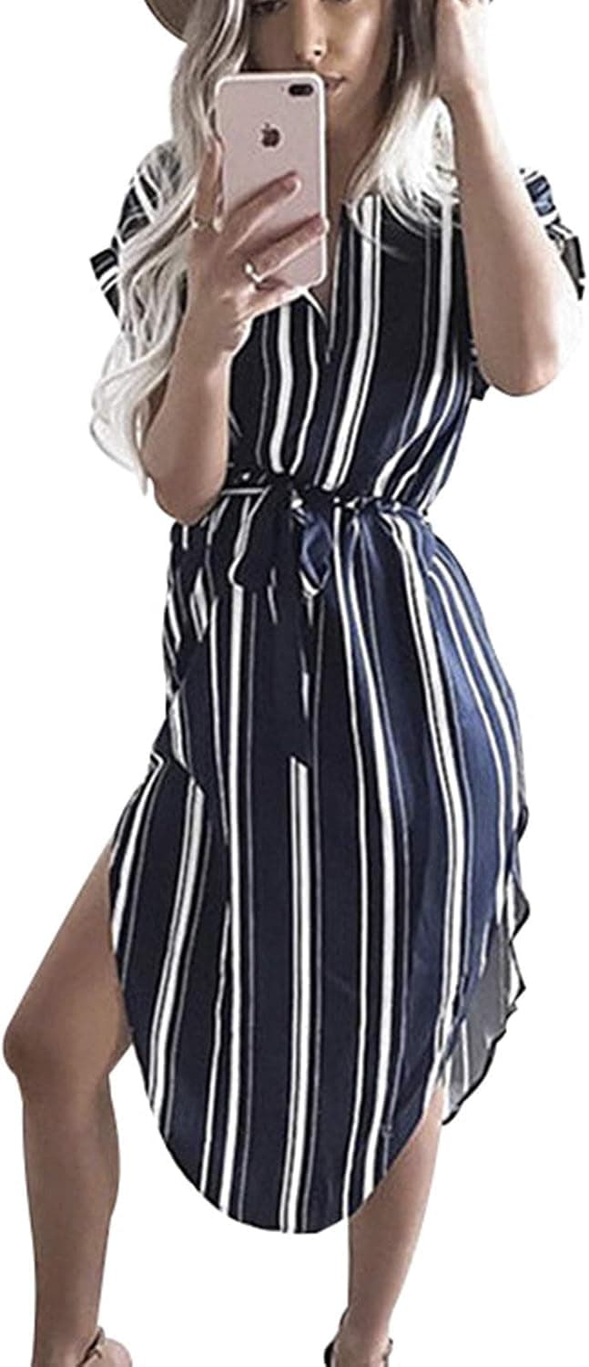 TEMOFON Women's Dresses Summer Floral Geometric Pattern Short Sleeve Midi V-Neck Casual Dress with Belt S-2XL