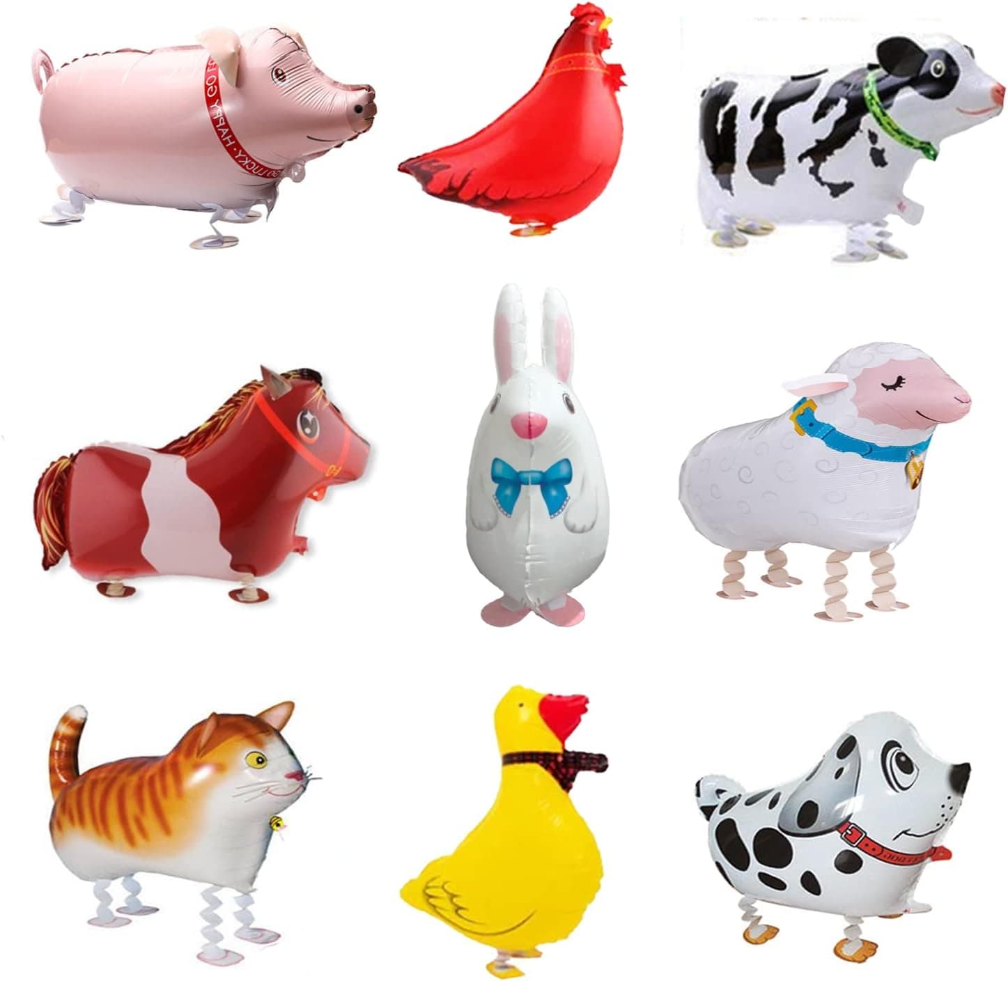 9 Pieces Walking Animal Balloons Farm Animal Foil Mylar Balloon Birthday Party BBQ Party Décor(Pony,Duck,Rooster,Cow,Pig,Sheep,Spotted Dog,rabbit,Cat