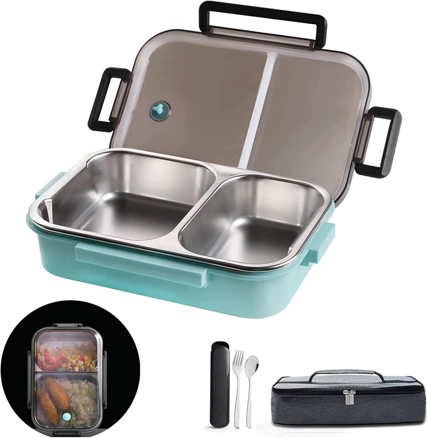 LANSKYWARE 2 Compartments Bento Lunch box with Insulated Lunch Bag and Portable Utensils, Stainless Steel Food Lunch Containers for Adults Men Women