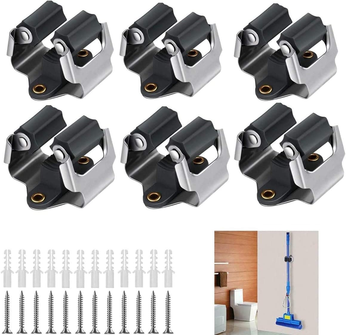 Mop and Broom Holder Wall Mount Heavy Duty Broom Holder Wall Mounted 6 Pack, Broom Organizer Home Garden Garage Storage Rack(black )