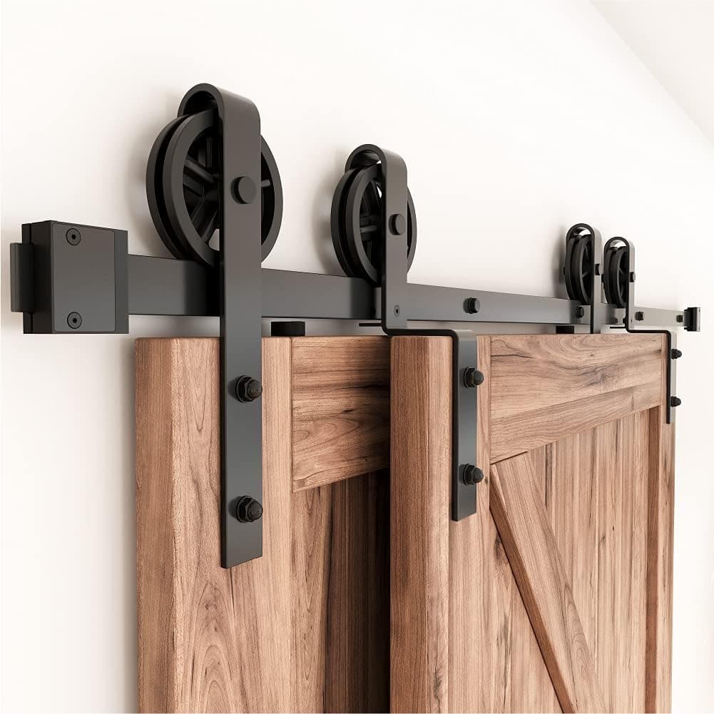 ZEKOO 5 FT- 14 FT Bypass Sliding Barn Door Hardware Kit, Single Track, Double Wooden Doors Use, One-Piece Rail Flat Track Roller, Spoke Wheel Style (8 Feet)