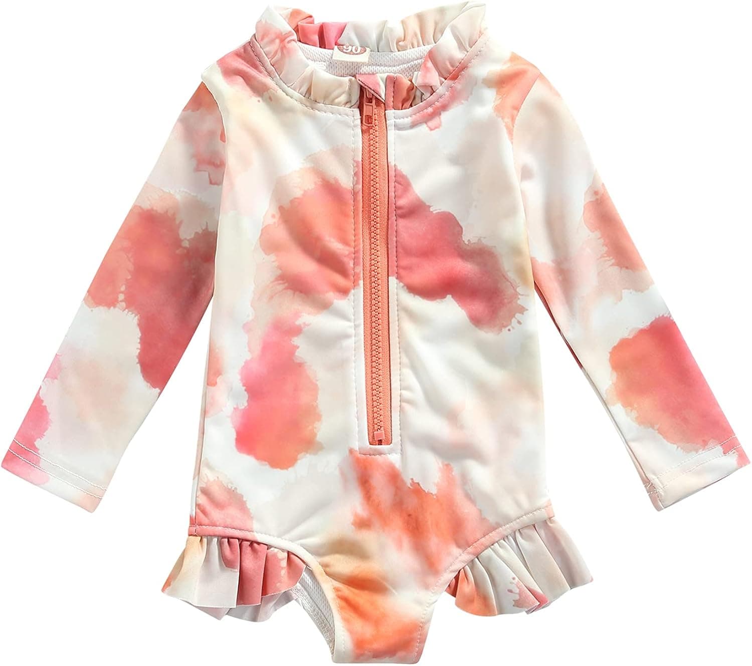 Douhoow Toddler Swimsuit Girl Rash Guard Baby Girls' Swimwear Long Sleeve Tie Dye Ruffled Zipper One Piece Bathing Suit