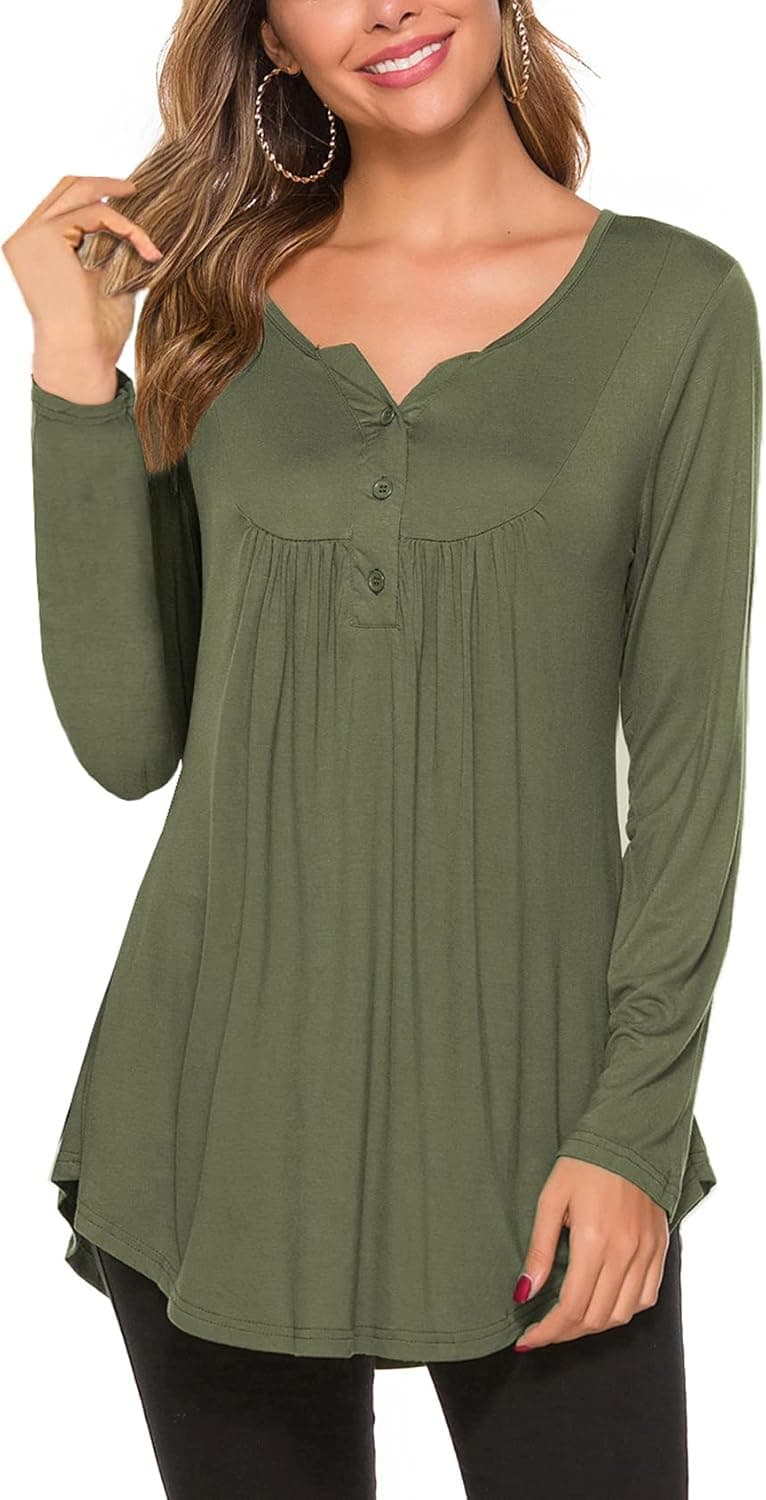 Halife Women's Casual Long Sleeve Henley V-Neck Loose Fit Pleated Tunic Shirt Blouse Tops