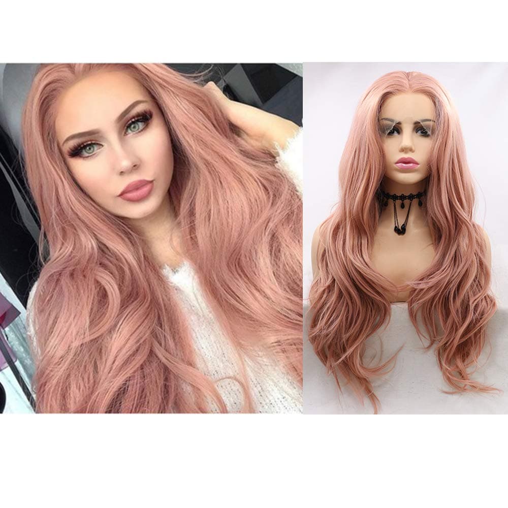 Evereya Pastel Pink Lace Front Wigs Natural Looking Long Wavy Hair Beautiful Rose Gold Mixed Color Wig For Women Middle Part Glueless Soft Synthetic Heat Resistant Hair Replacement Wigs 22 Inches