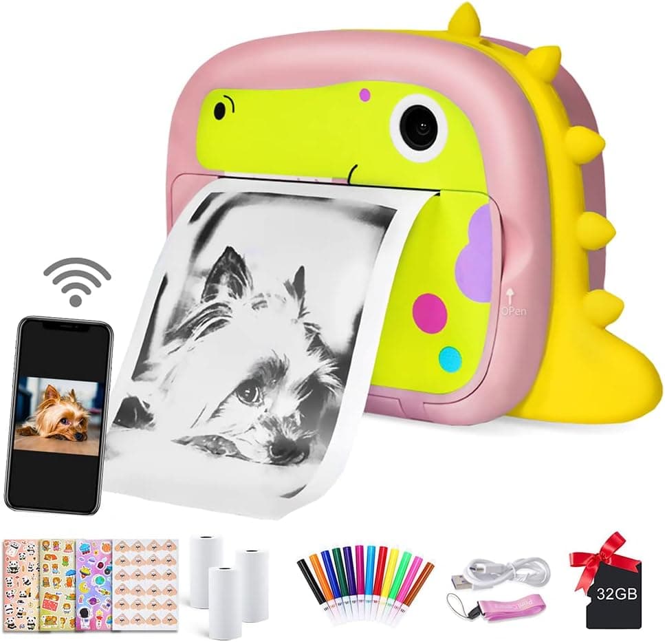 Camera for Kids, Instant Print Camera with WiFi Function 1080P Video Camera 2.4" Screen Selfie Camera with 32G TF Card, 4 DIY Stickers, 12 Colored Penls, 3 Rolls Print Papers for Girls Boys(Pink)