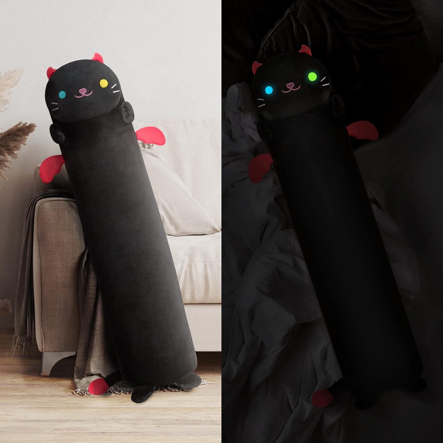 Mewaii Long Cat Plush Body Pillow, 28” Luminous Light Up Black Cat Stuffed Animals Kawaii Night Light Plushies Pillow Glow in The Dark Gift for Girls Boys