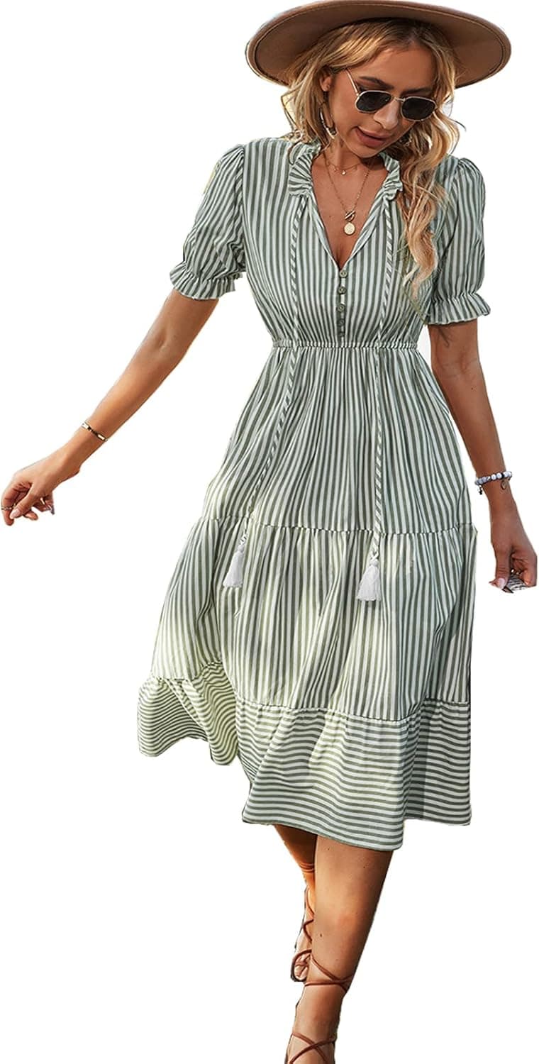 Shmily Girl Summer Dress for Women Striped Casual Midi Dresses V Neck Short Sleeve Dress