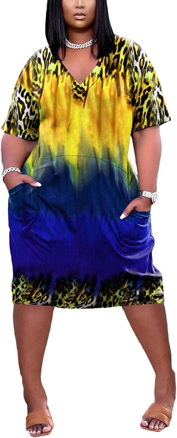 Summer Tops for Women V Neck Summer Dresses Short Sleeve Casual Plus Size Dress Shirt Dress