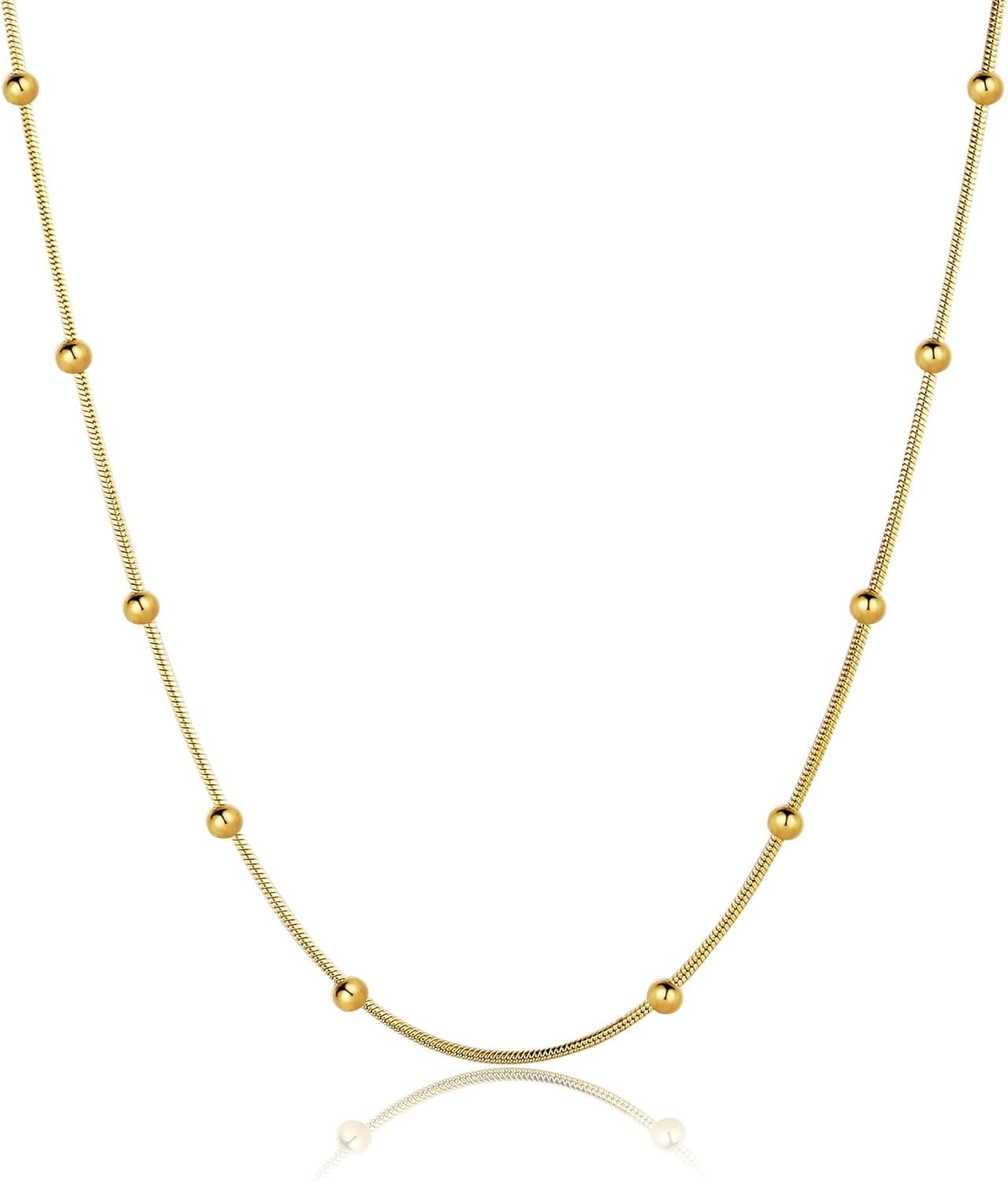 14K Gold Plated Dainty Beaded Snake Chain Necklace Italian Beads Stainless Steel Necklace Bead Choker Necklace for Women Teen Girl