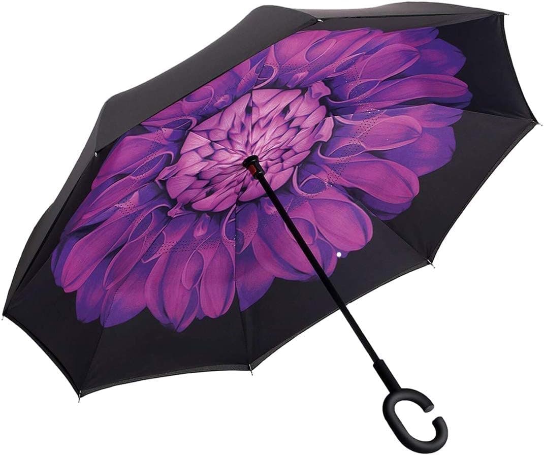umbresen Double Layer Inverted Umbrella Cars Reverse Open Folding Umbrellas, Windproof UV Protection Large Self Stand Upside Down Straight Umbrella for Golf Women and Men With C-Shaped (Violet)