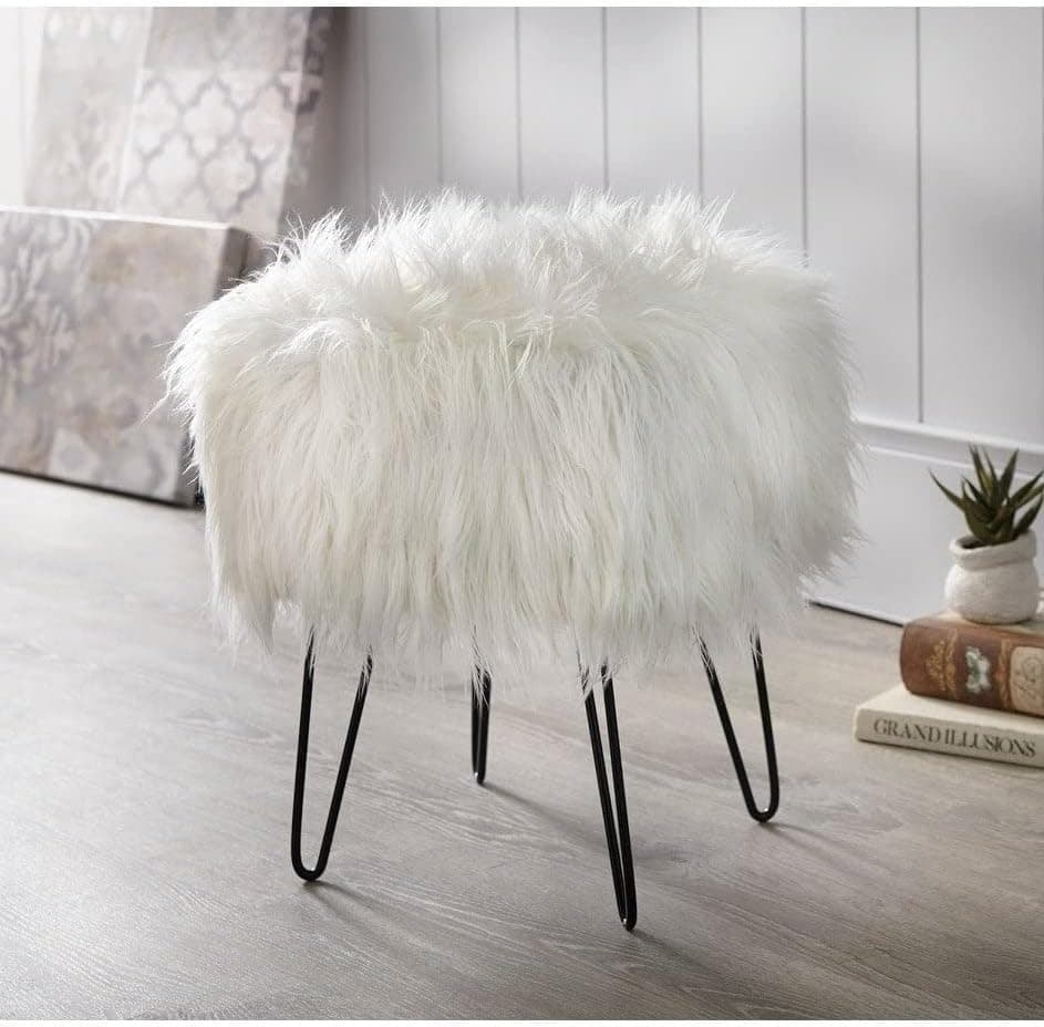 Target Marketing SystemsModern Contemporary Faux Fur Accent Stool with Metal Legs, 14" WhiteMiranda