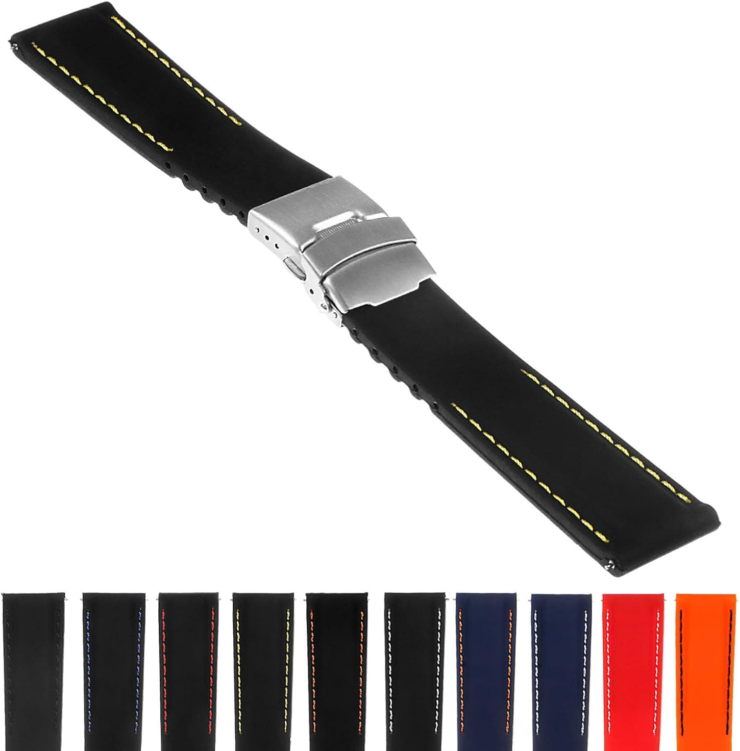 StrapsCo Rubber Watch Band with Stitching & Deployant Clasp - Quick Release Strap - 18mm 20mm 22mm 24mm