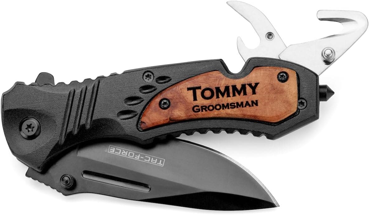 Daylor Engraved Tactical Rescue Knife Seat Belt Cutter Bottle Opener Glass Breaker Pocket Folding Black Blade Custom Personalized