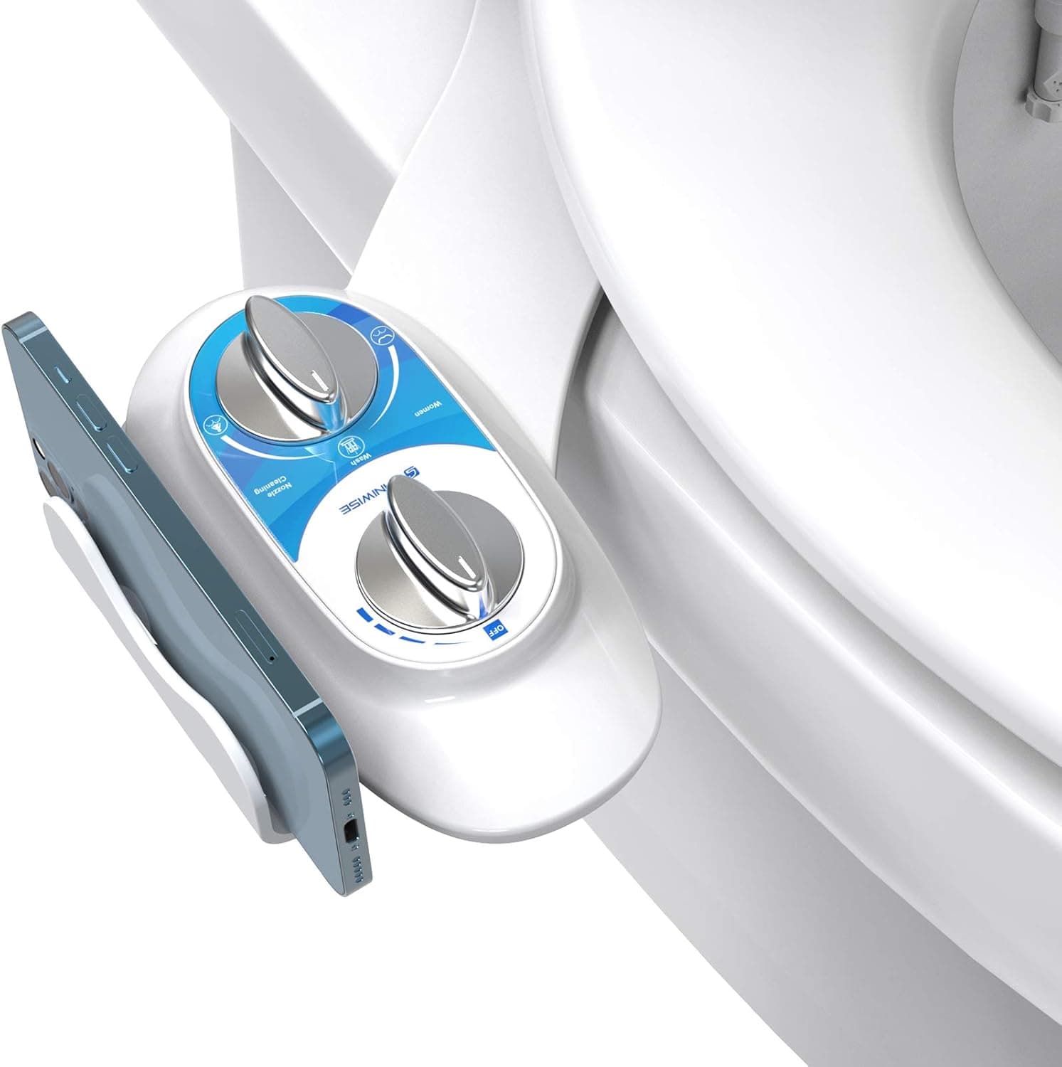 Saniwise Bidet Toilet Seat Attachment A200, Non-electric Bidet Self-Cleaning Dual Nozzle Posterior Feminine Wash Adjustable Water Pressure Ultra-Slim Easy to Install, Blue and White