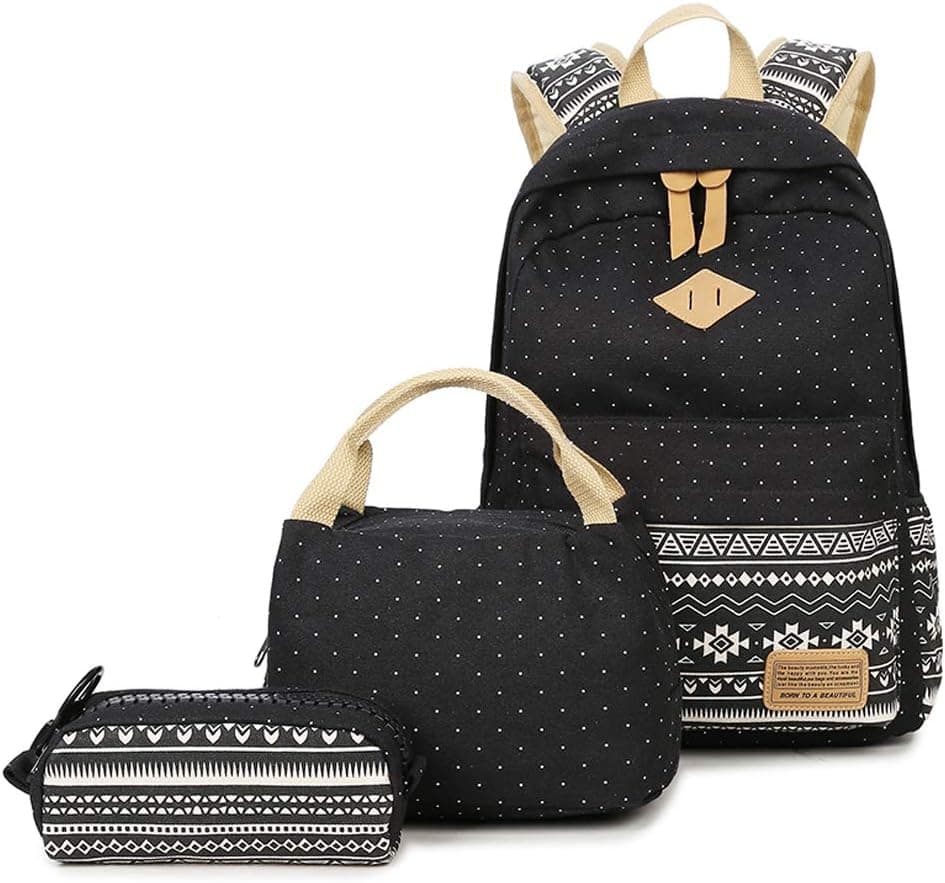 Lmeison Black Backpack for Women Girls, School Bookbag with Lunch Bag Pencil Case, Canvas Travel Daypack 14inch Laptop Bag for Middle School