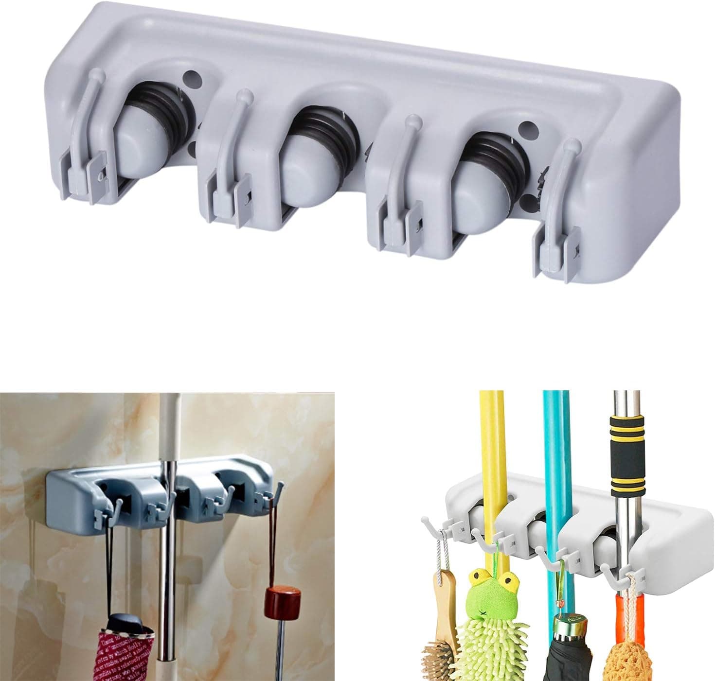 Abnaok Mop Broom Holder Wall Mounted, Multipurpose Wall Mounted Organizer Storage Hooks, for Home, Kitchen, Garden, Tools, Garage Organizing(3 Position with 4 Hooks, Gray)