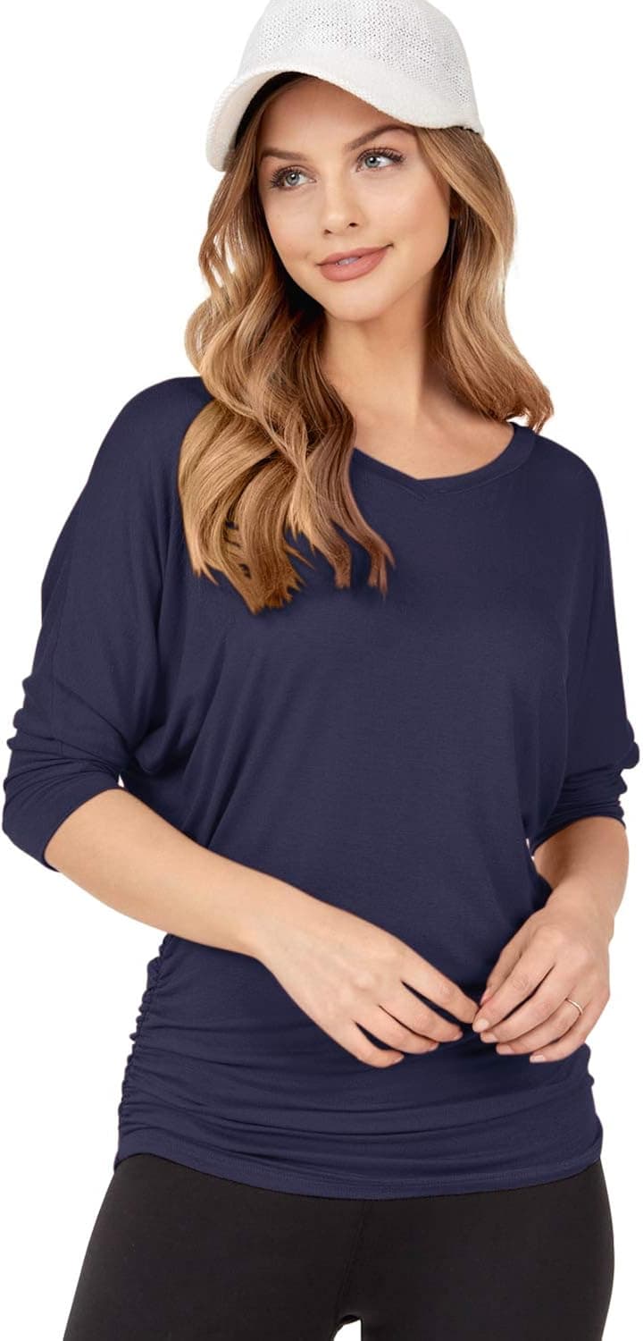 iliad USA 7006 Womens V-Neck 3/4 Sleeve Drape Dolman Top with Side Shirring