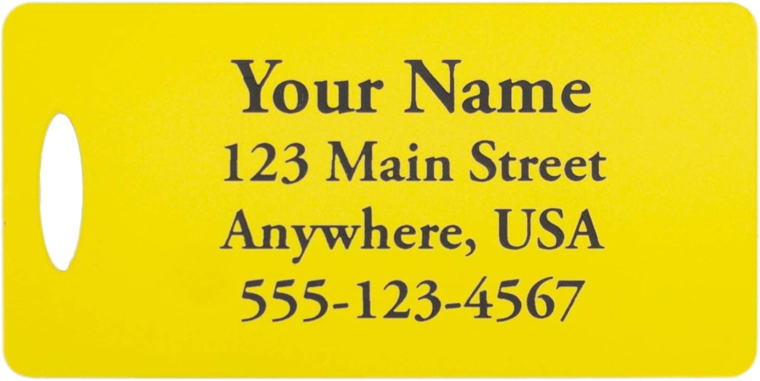 Four Custom Engraved Plastic Luggage Tags (Yellow with Black Text, Set of Four)